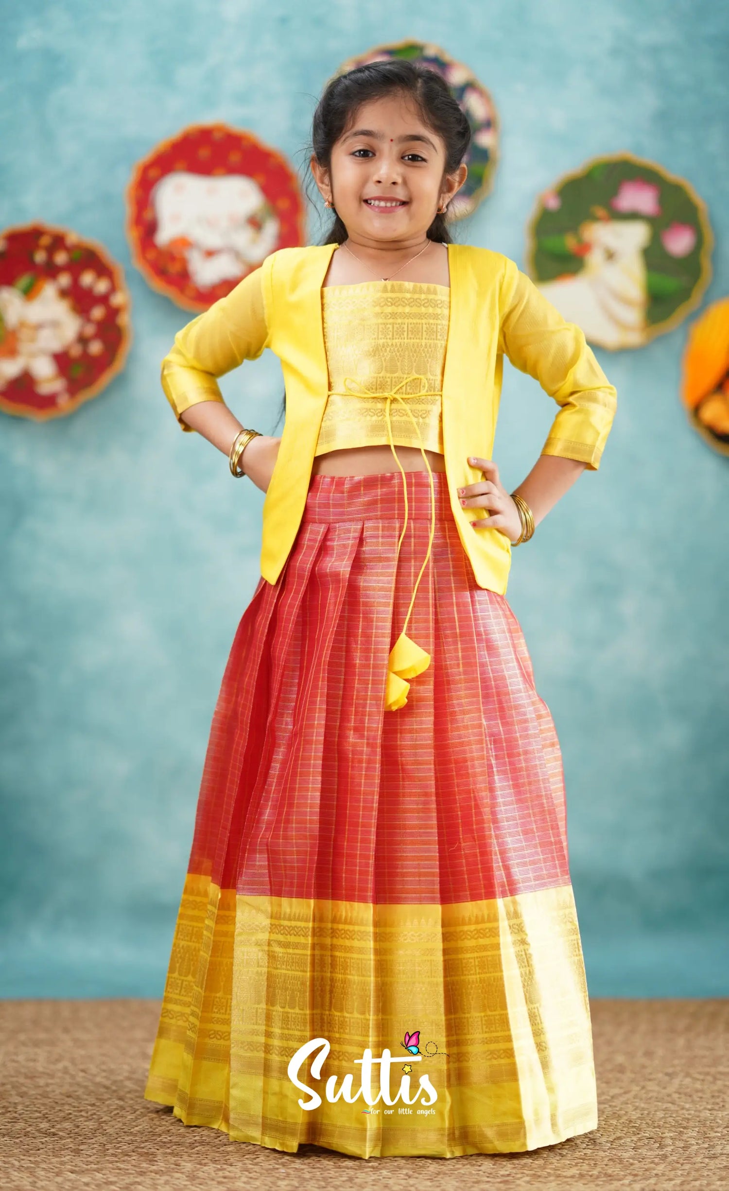 Izhaiyini-Red And Yellow Organza Top Skirt Kids-Suttis