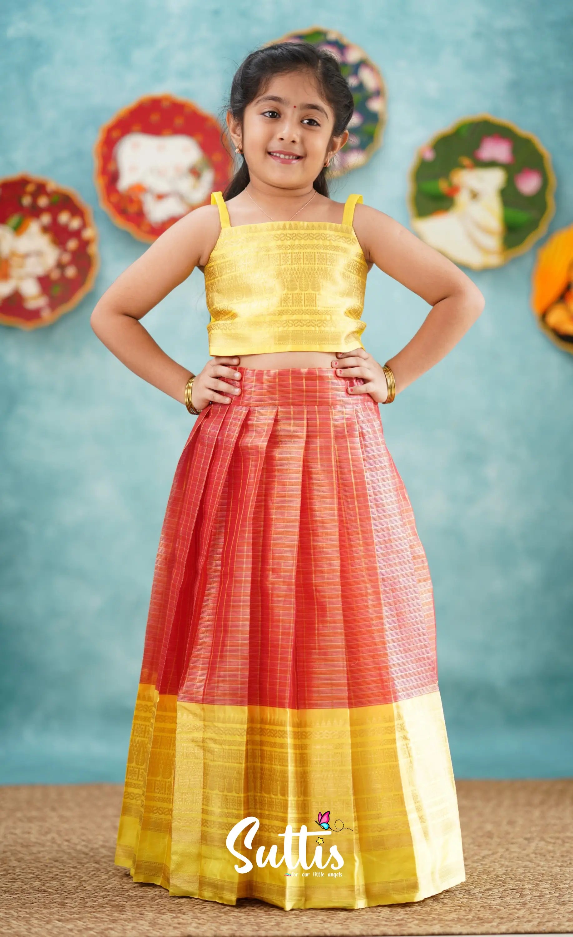 Izhaiyini-Red And Yellow Organza Top Skirt Kids-Suttis