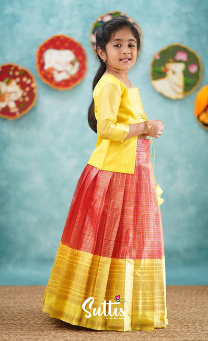 Izhaiyini-Red And Yellow Organza Top Skirt Kids-Suttis