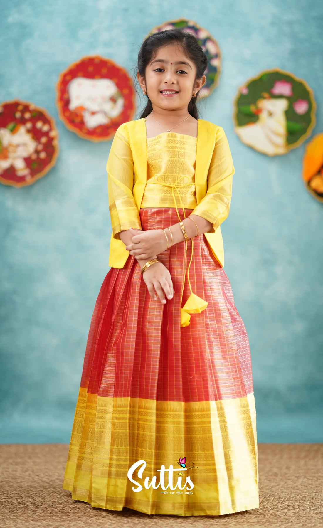 Izhaiyini-Red And Yellow Organza Top Skirt Kids-Suttis