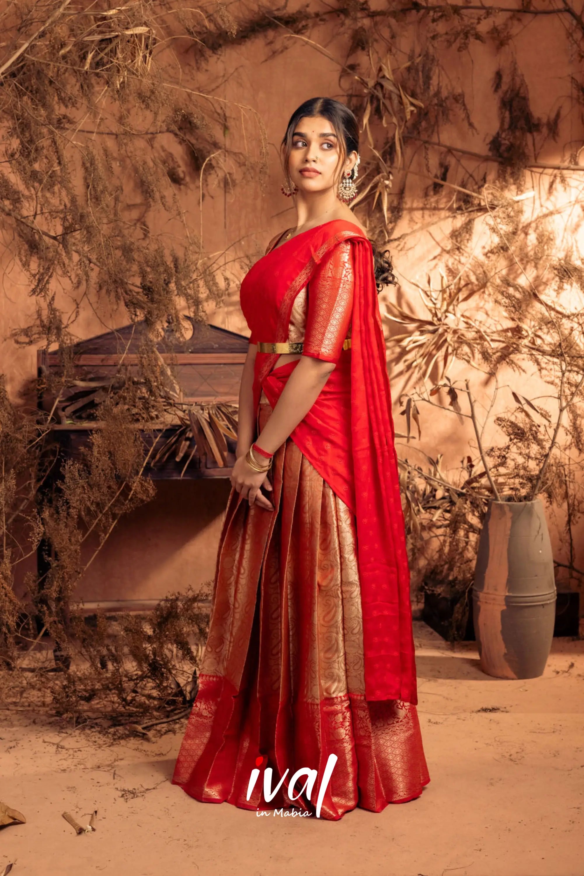 Izhaiyini - Red Banarasi Tissue Halfsaree Half Sarees