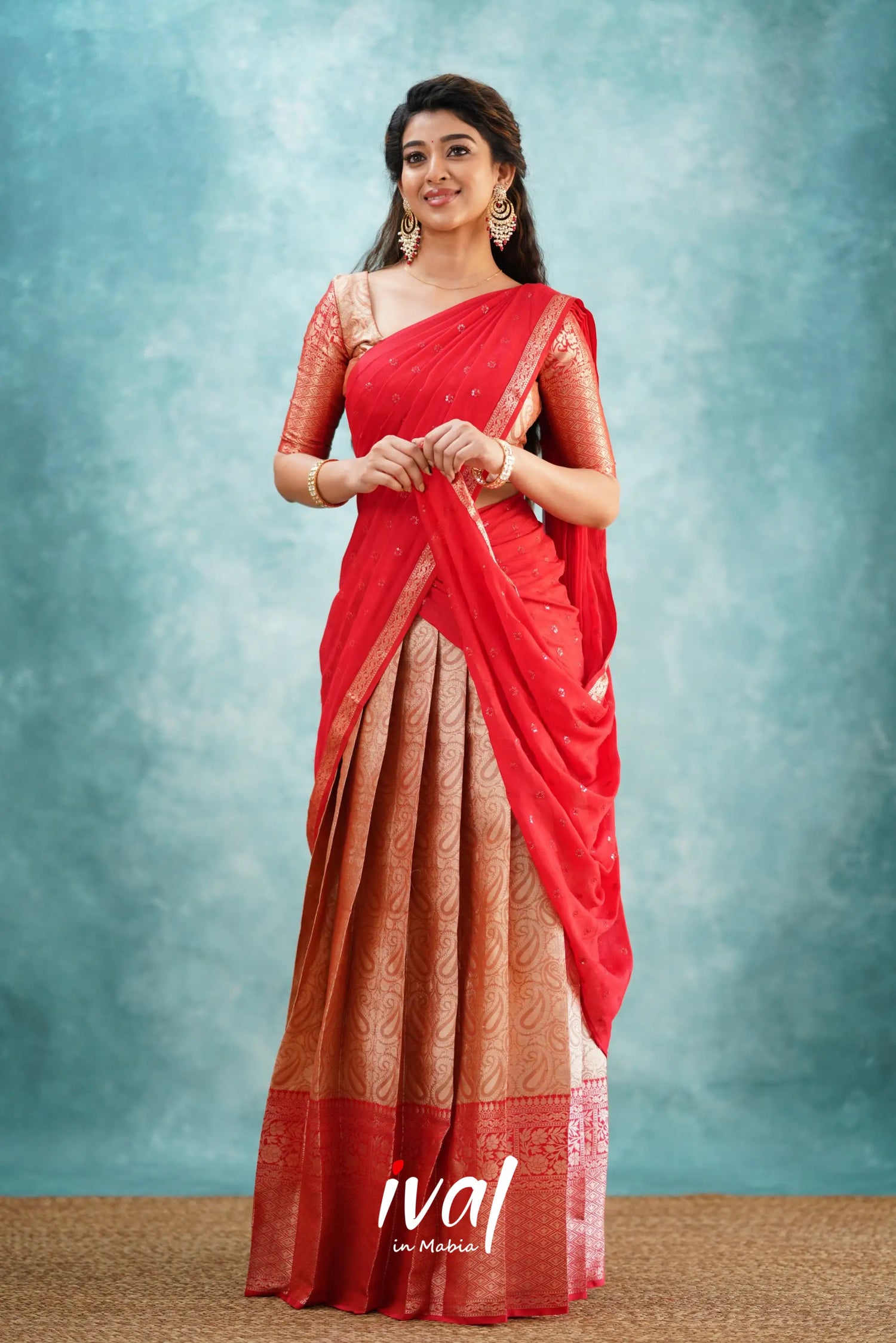 Izhaiyini - Red Banarasi Tissue Halfsaree Half Sarees