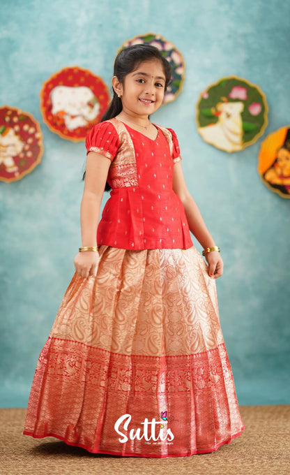 Izhaiyini - Red Banarasi Tissue Pavadai Sattai Kids-Suttis