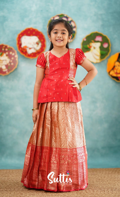 Izhaiyini - Red Banarasi Tissue Pavadai Sattai Kids-Suttis