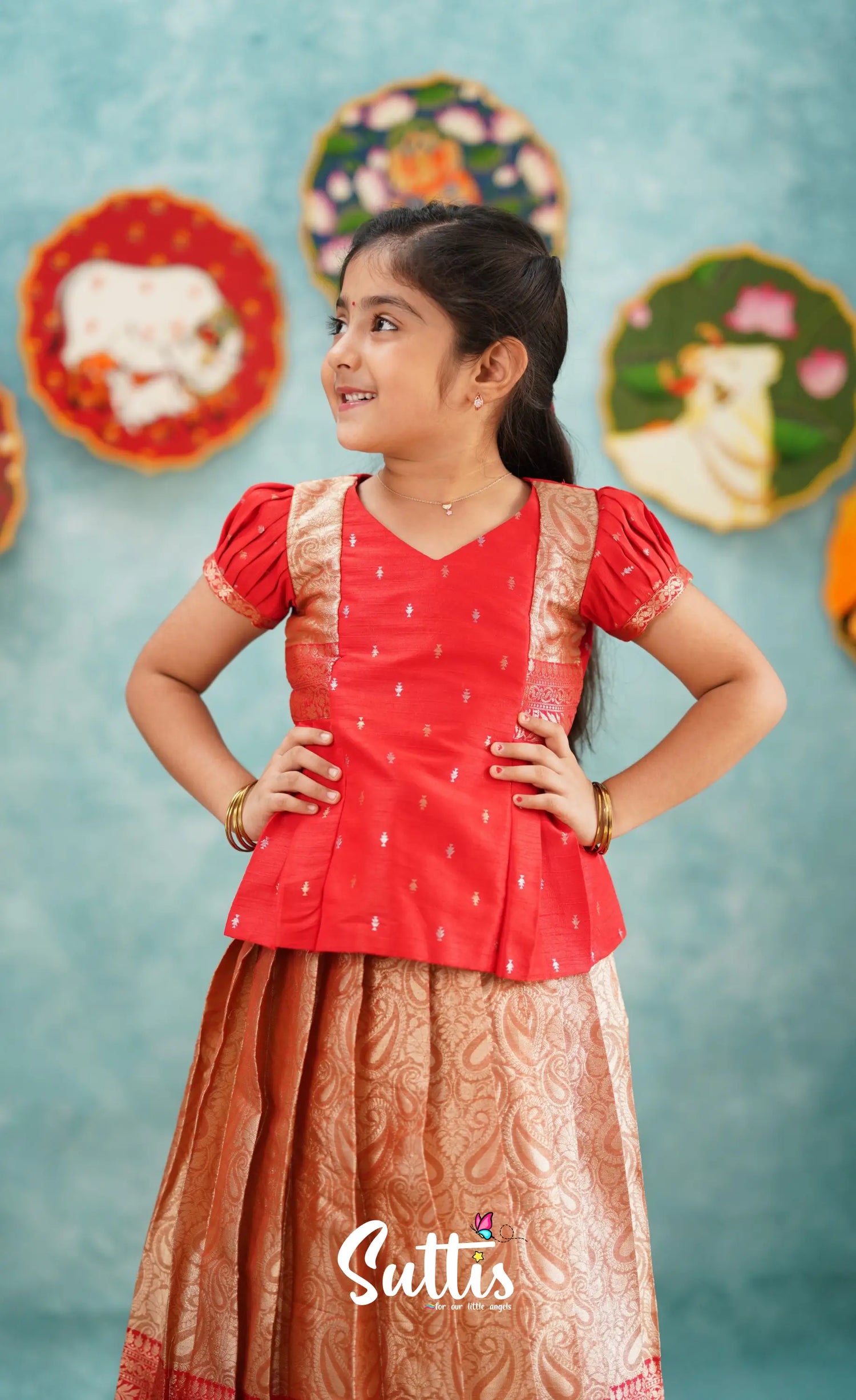 Izhaiyini - Red Banarasi Tissue Pavadai Sattai Kids-Suttis