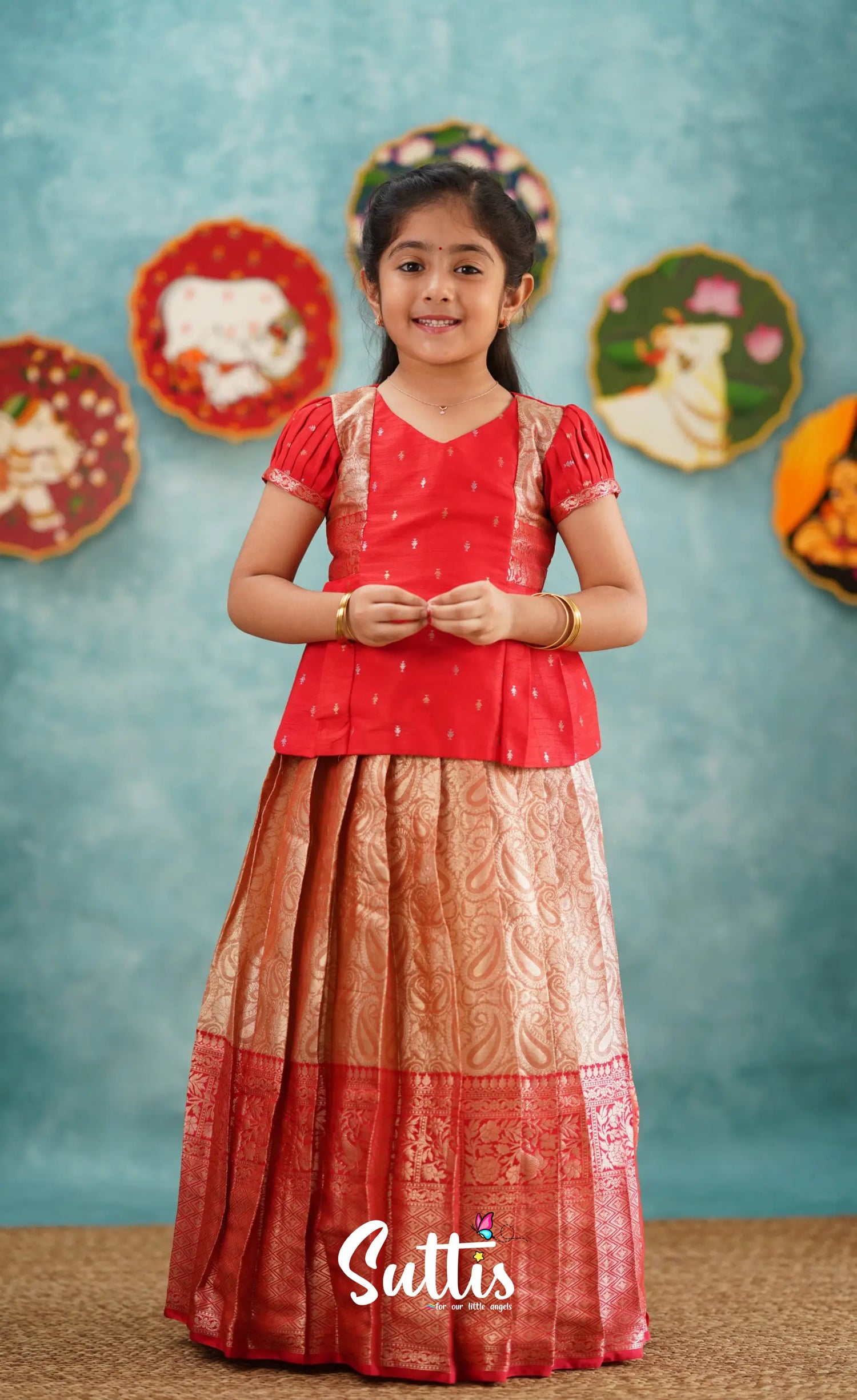 Izhaiyini - Red Banarasi Tissue Pavadai Sattai Kids-Suttis