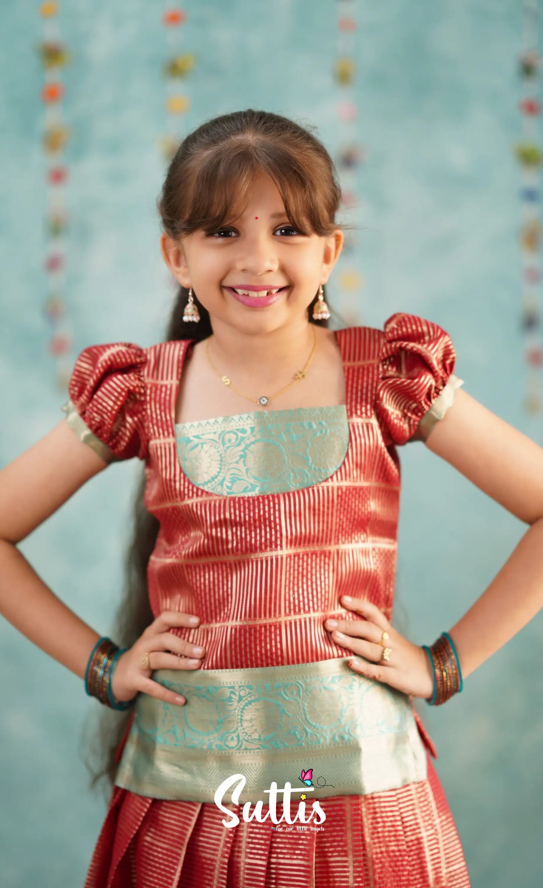 Izhaiyini Red Shade And Teal Tone Organza Pavadai Sattai Kids-Suttis