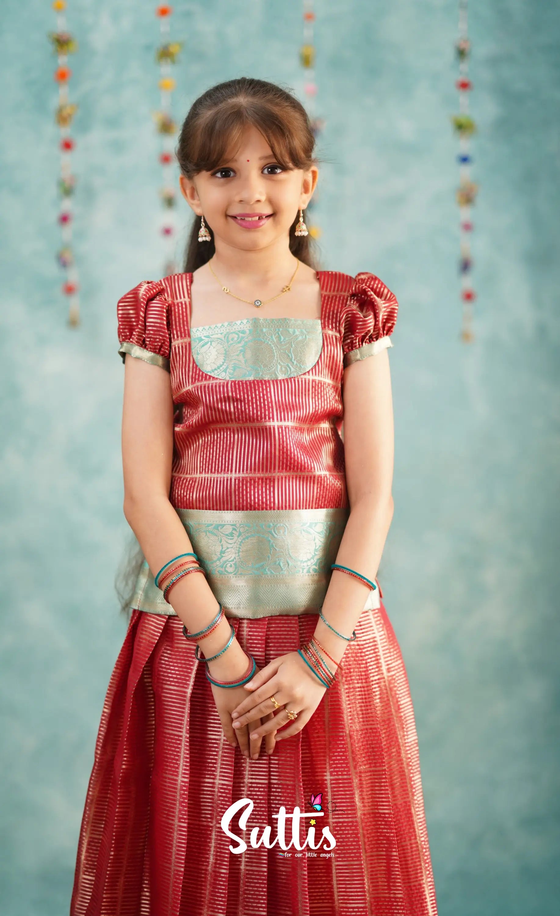 Izhaiyini Red Shade And Teal Tone Organza Pavadai Sattai Kids-Suttis