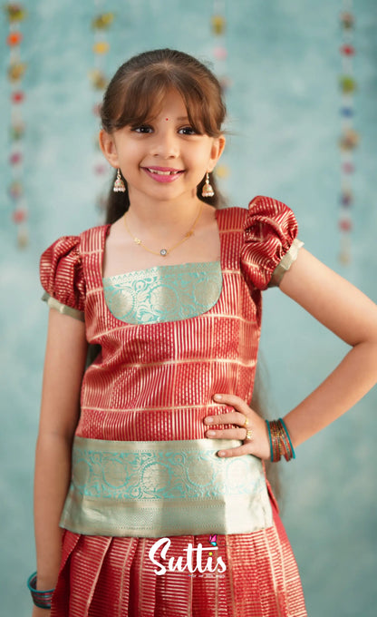 Izhaiyini Red Shade And Teal Tone Organza Pavadai Sattai Kids-Suttis