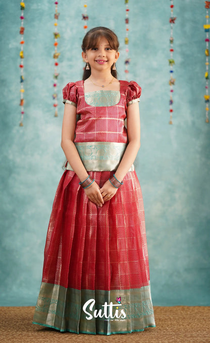 Izhaiyini Red Shade And Teal Tone Organza Pavadai Sattai Kids-Suttis