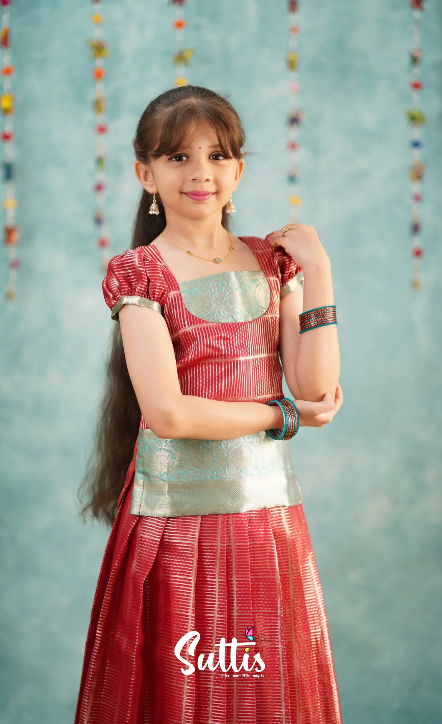 Izhaiyini Red Shade And Teal Tone Organza Pavadai Sattai Kids-Suttis