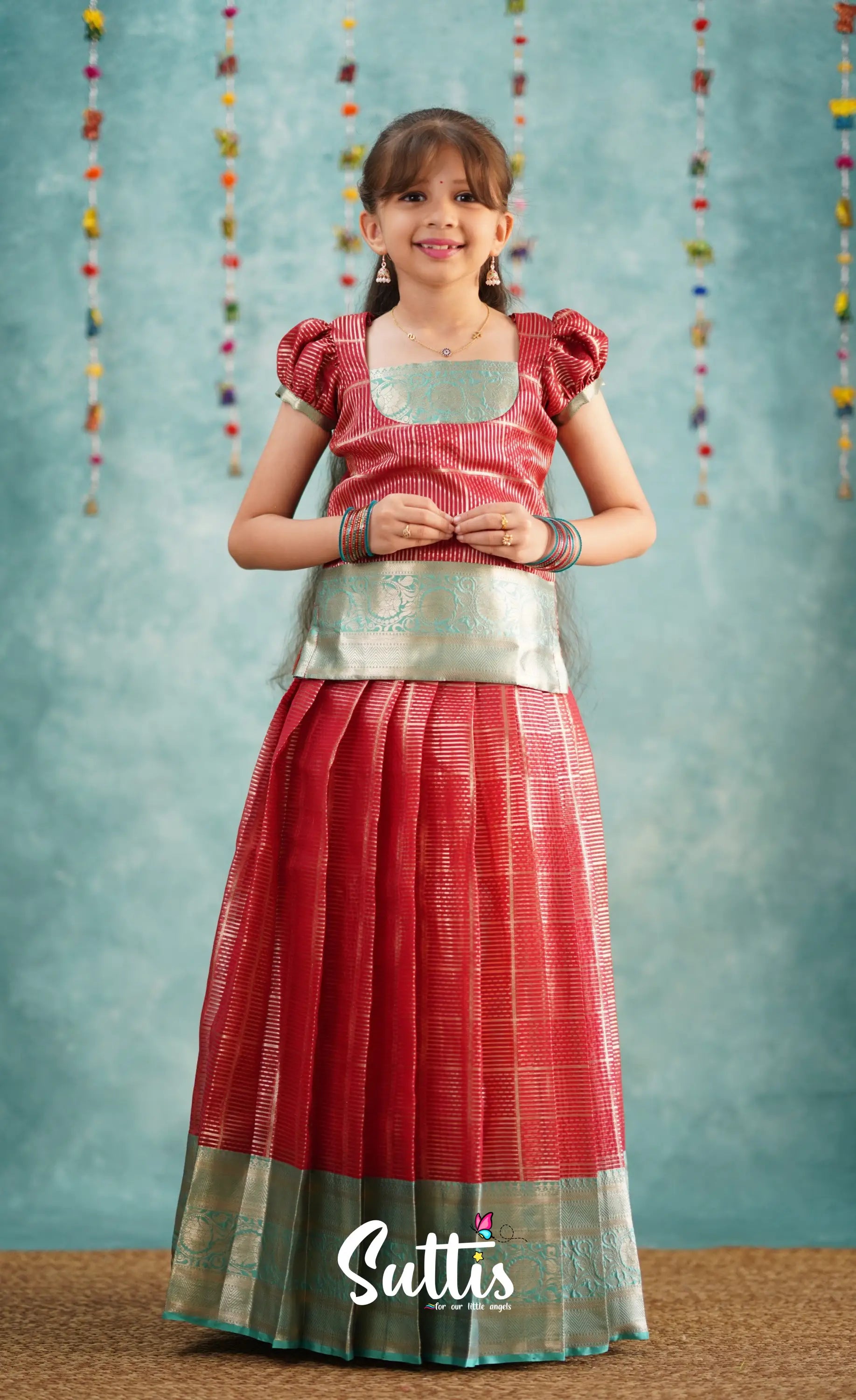 Izhaiyini Red Shade And Teal Tone Organza Pavadai Sattai Kids-Suttis