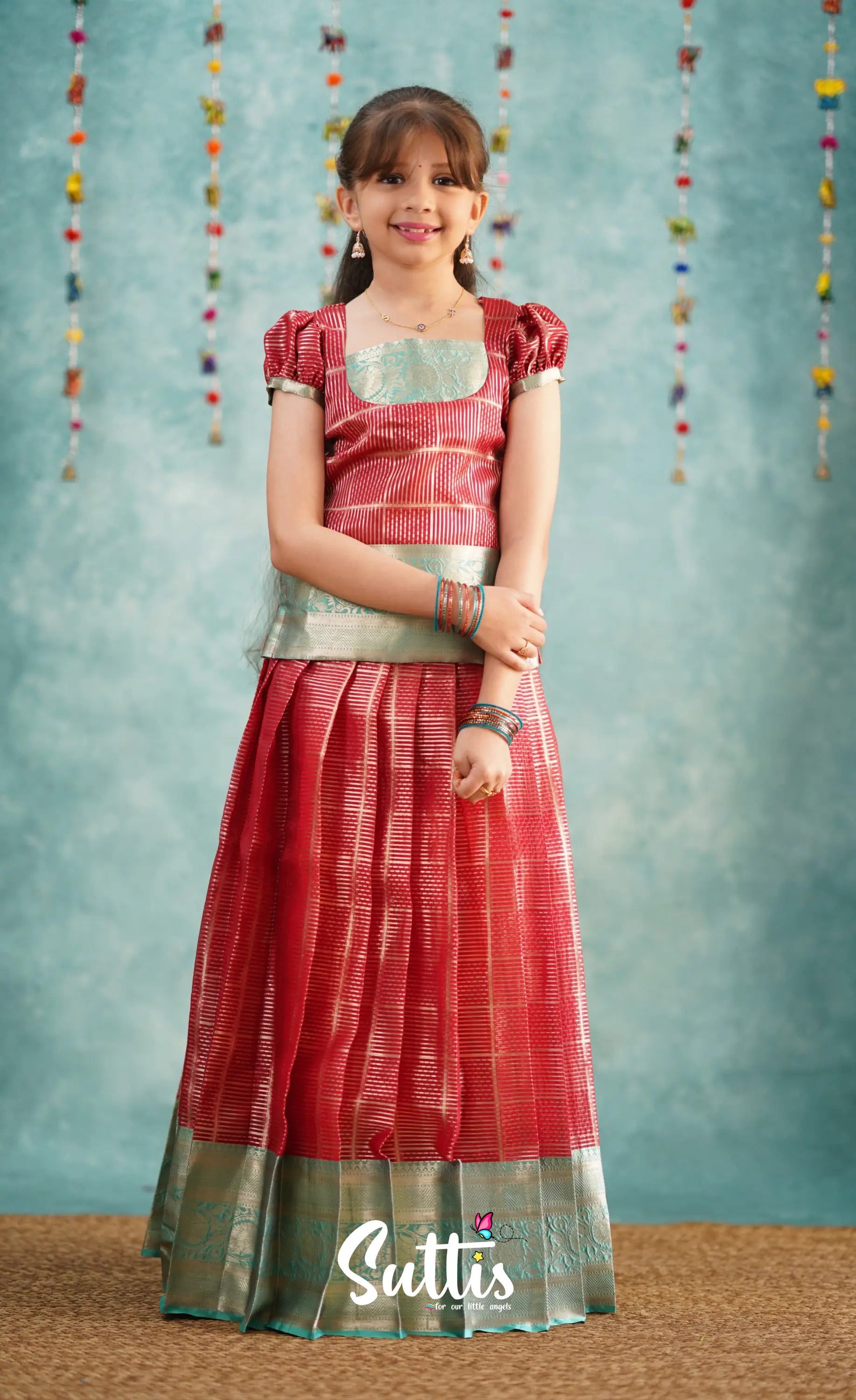 Izhaiyini Red Shade And Teal Tone Organza Pavadai Sattai Kids-Suttis