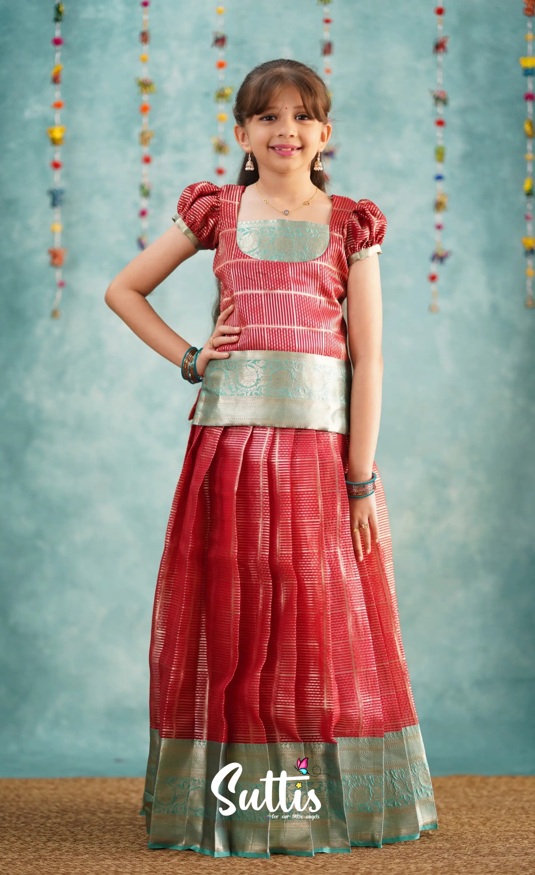 Izhaiyini Red Shade And Teal Tone Organza Pavadai Sattai Kids-Suttis