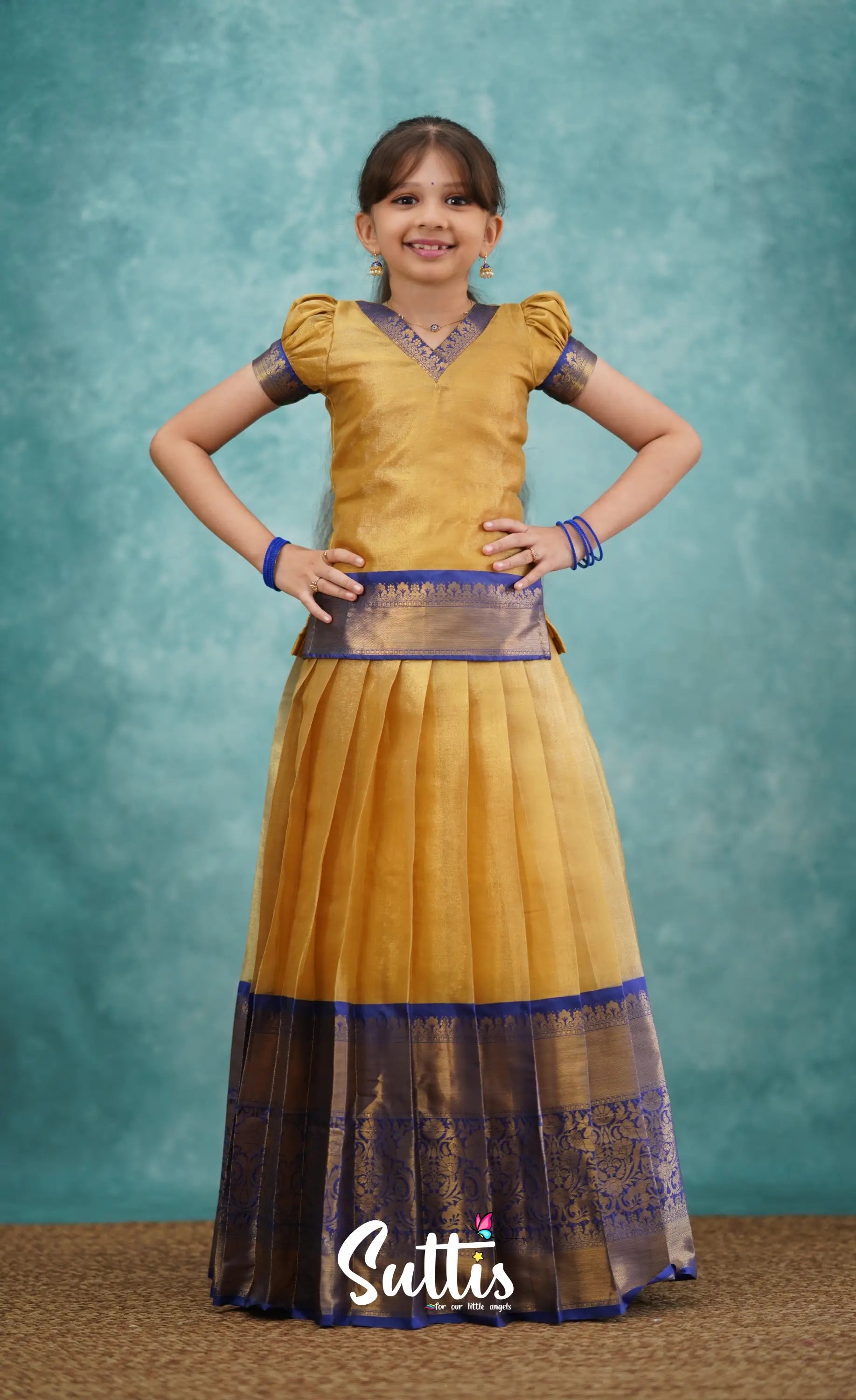 Izhaiyini Royal Blue Shade And Gold Tone Organza Pavadai Sattai Kids-Suttis