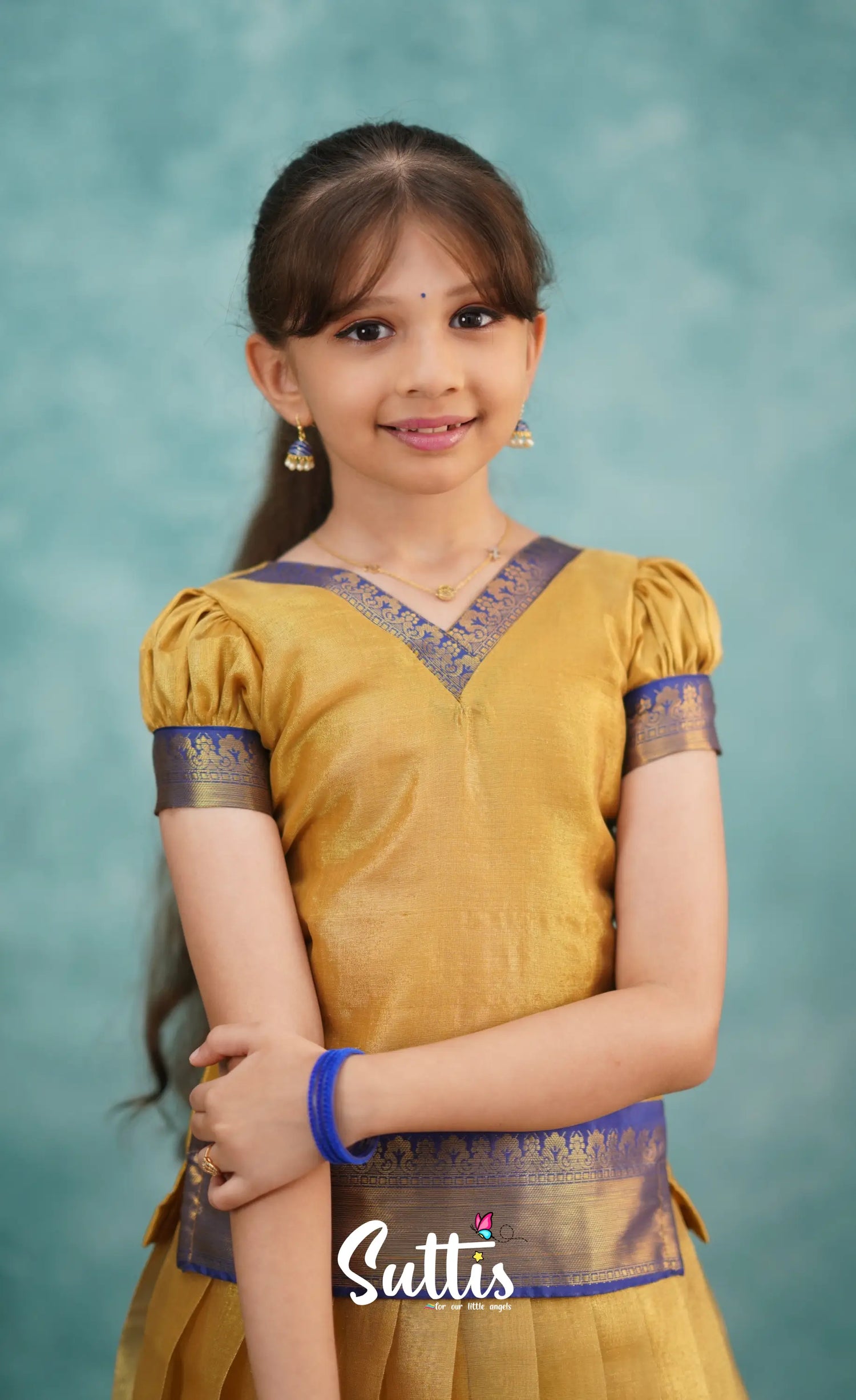 Izhaiyini Royal Blue Shade And Gold Tone Organza Pavadai Sattai Kids-Suttis