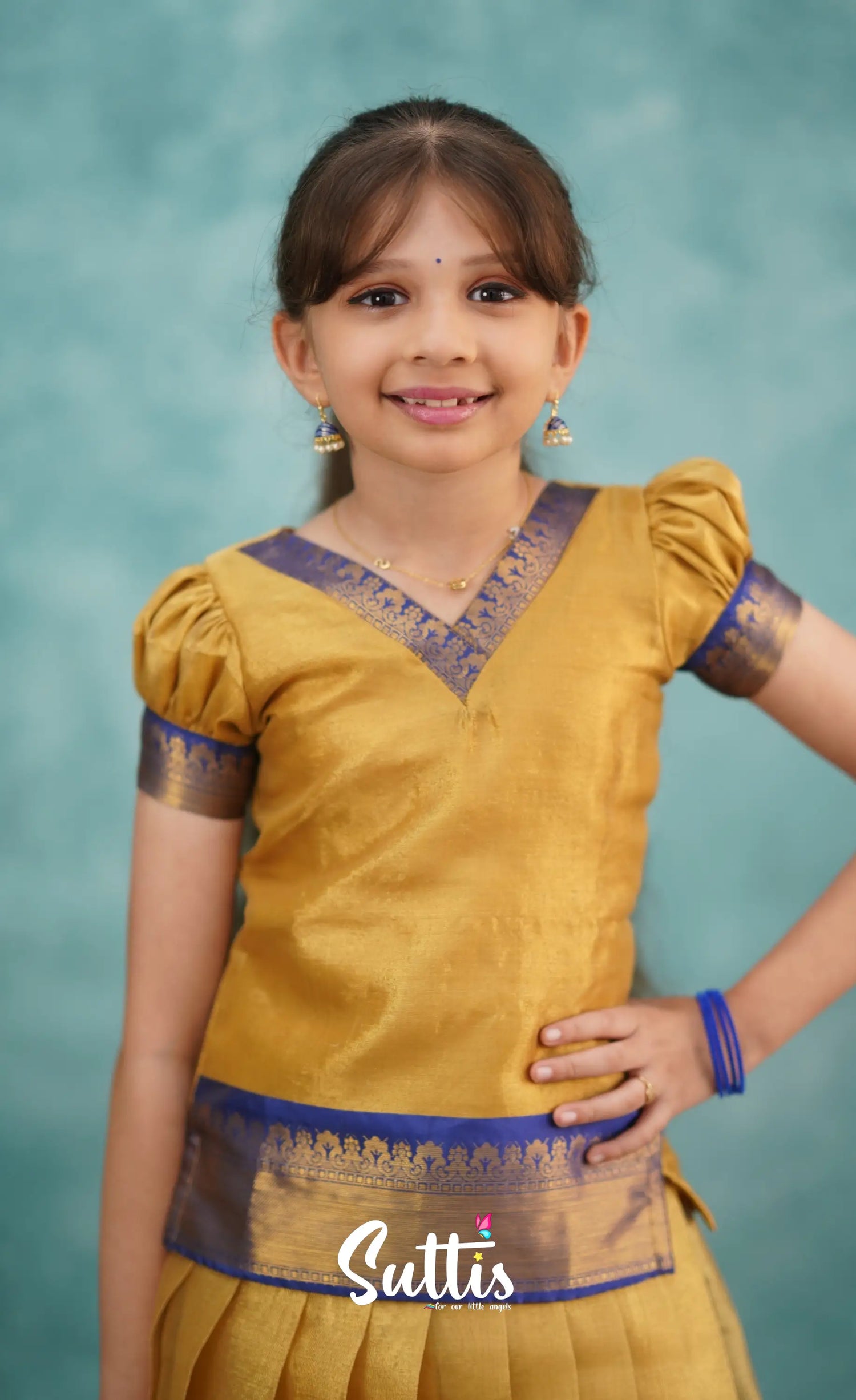Izhaiyini Royal Blue Shade And Gold Tone Organza Pavadai Sattai Kids-Suttis
