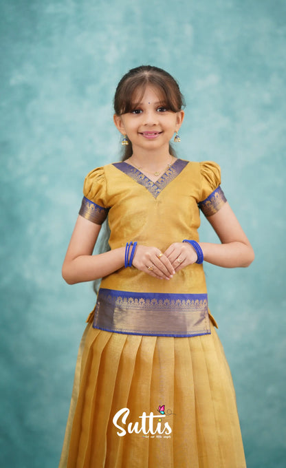 Izhaiyini Royal Blue Shade And Gold Tone Organza Pavadai Sattai Kids-Suttis