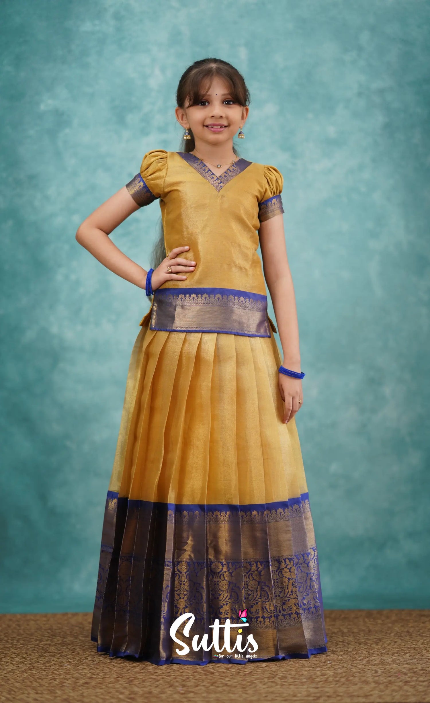 Izhaiyini Royal Blue Shade And Gold Tone Organza Pavadai Sattai Kids-Suttis