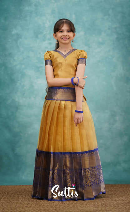 Izhaiyini Royal Blue Shade And Gold Tone Organza Pavadai Sattai Kids-Suttis