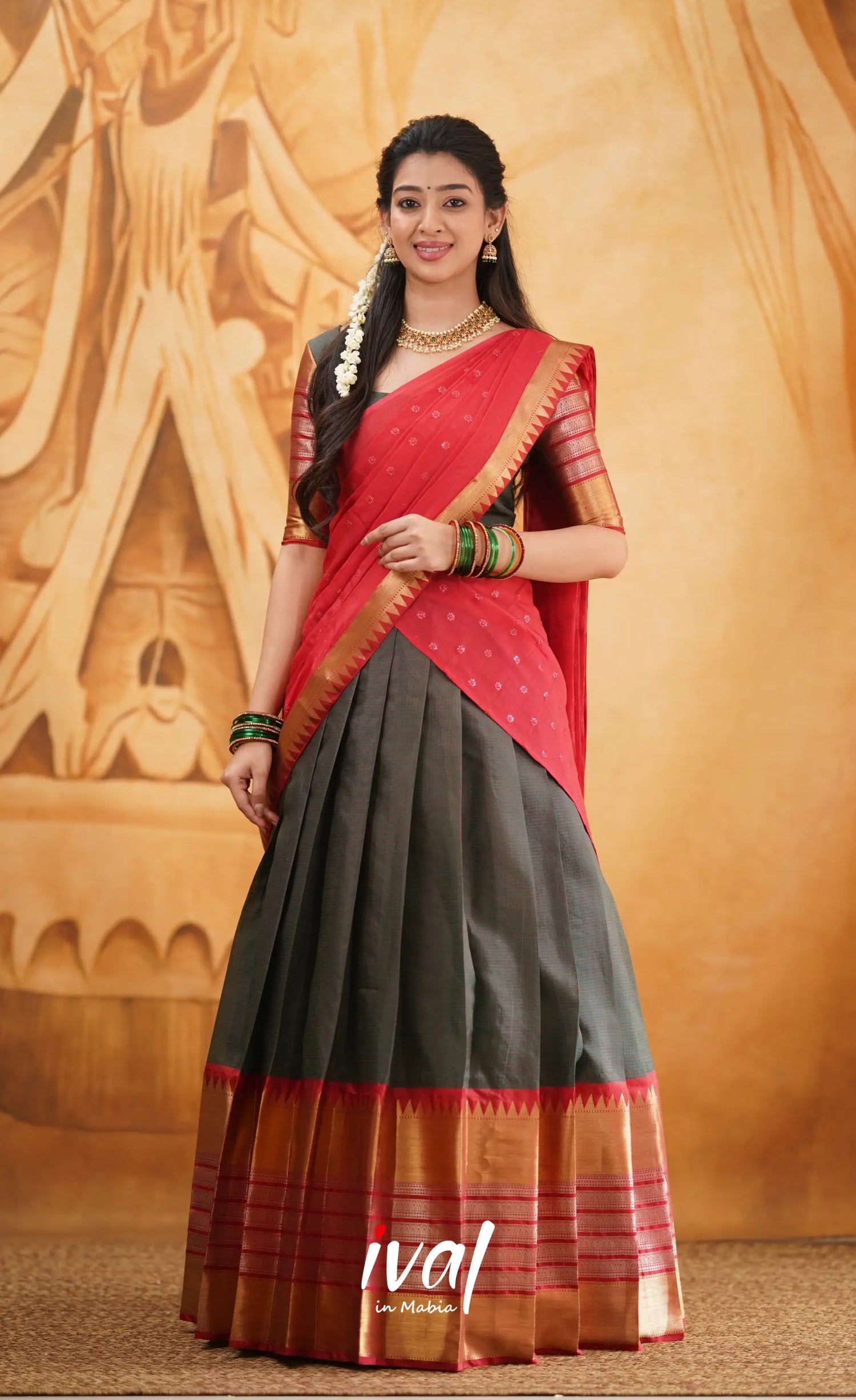 Izhaiyini - Shade Of Dark Manthalir Green And Red Tone Organza Halfsaree Half Sarees