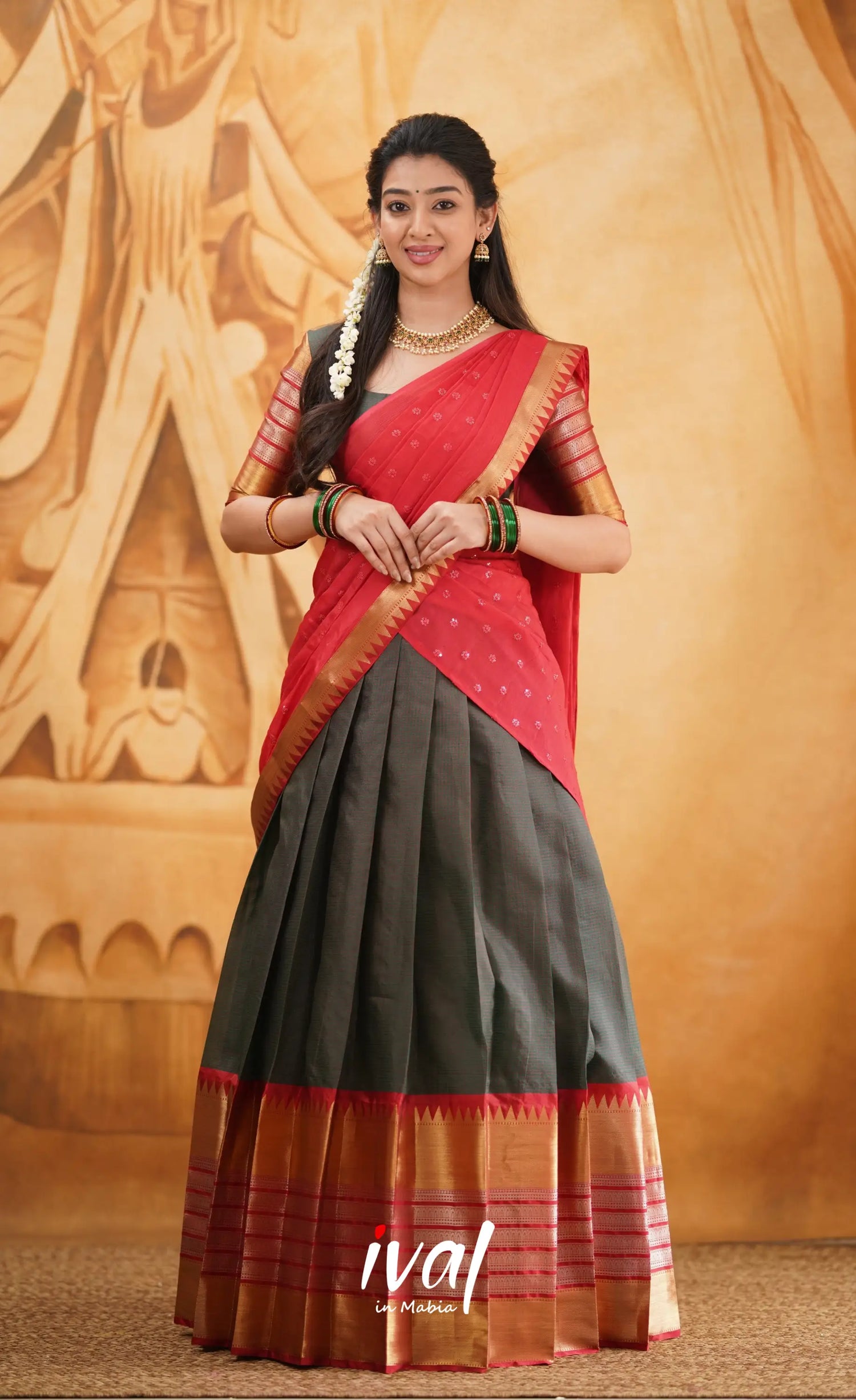 Izhaiyini - Shade Of Dark Manthalir Green And Red Tone Organza Halfsaree Half Sarees