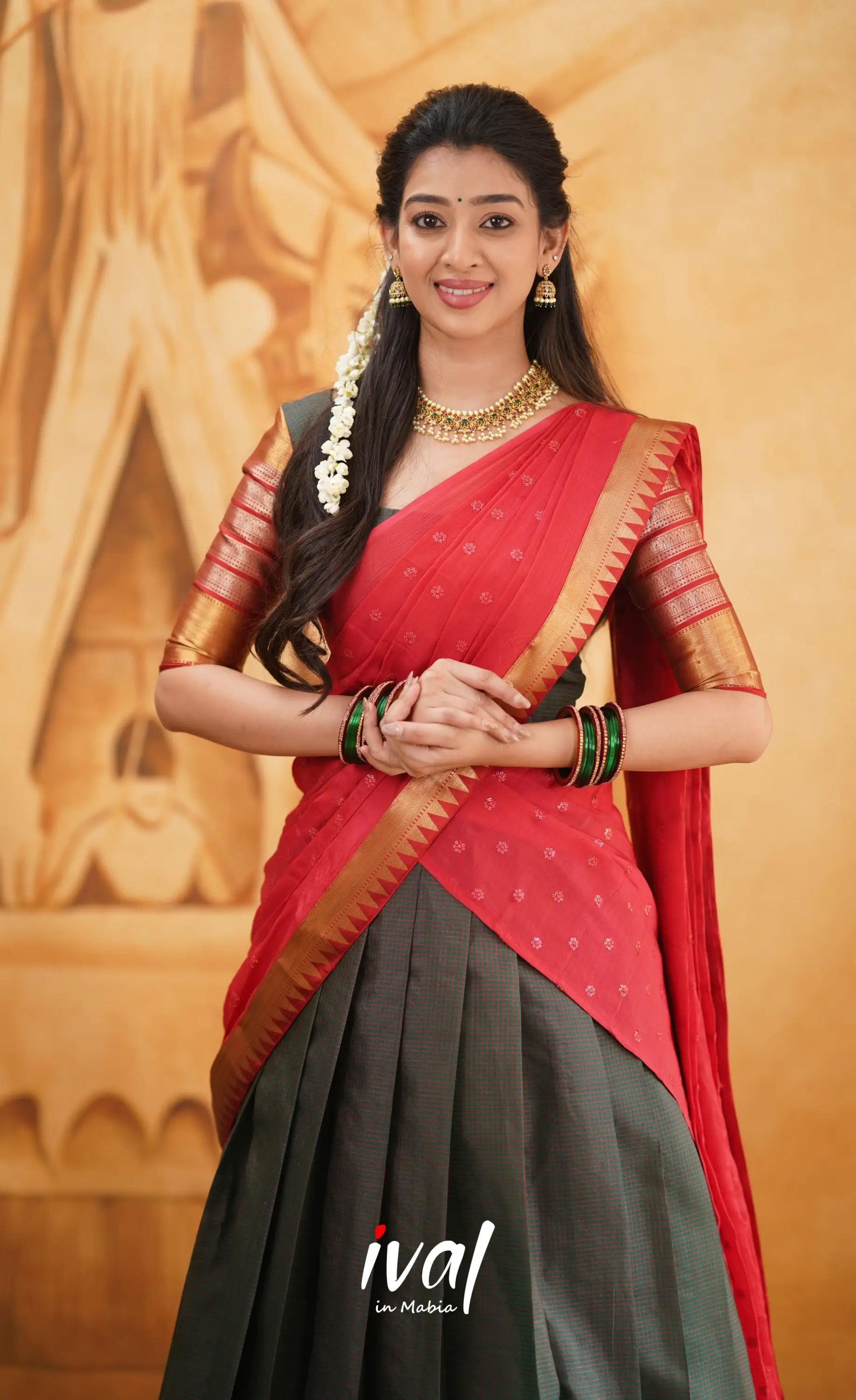 Izhaiyini - Shade Of Dark Manthalir Green And Red Tone Organza Halfsaree Half Sarees