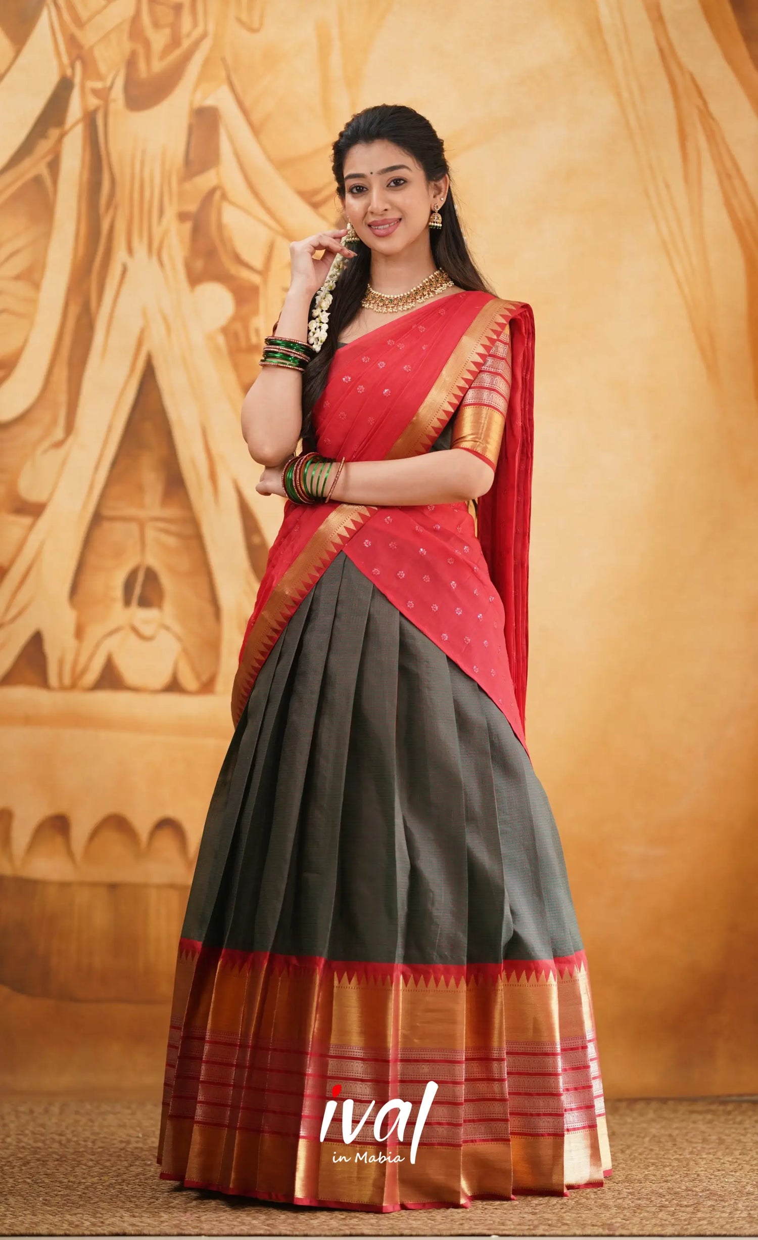 Izhaiyini - Shade Of Dark Manthalir Green And Red Tone Organza Halfsaree Half Sarees