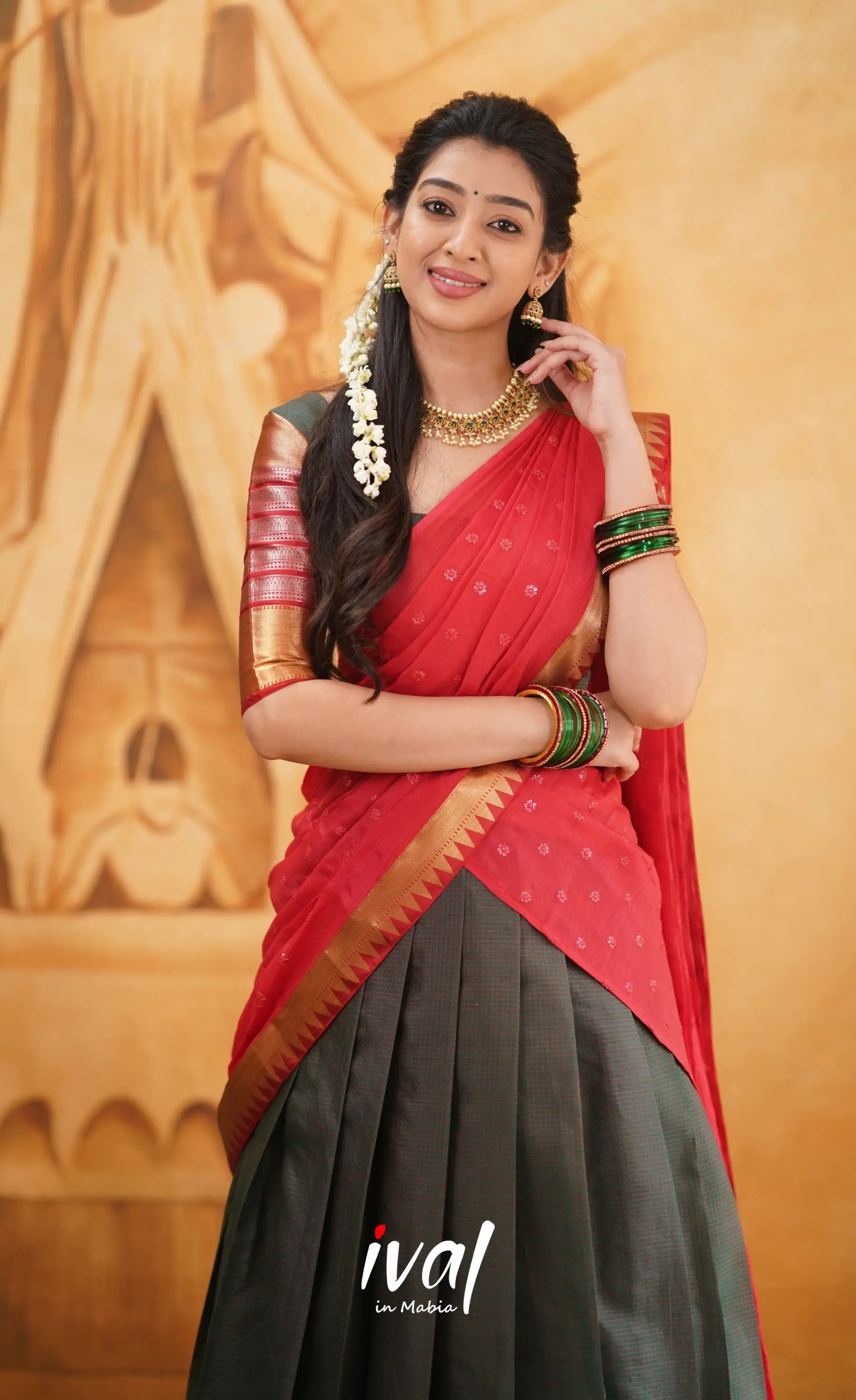 Izhaiyini - Shade Of Dark Manthalir Green And Red Tone Organza Halfsaree Half Sarees