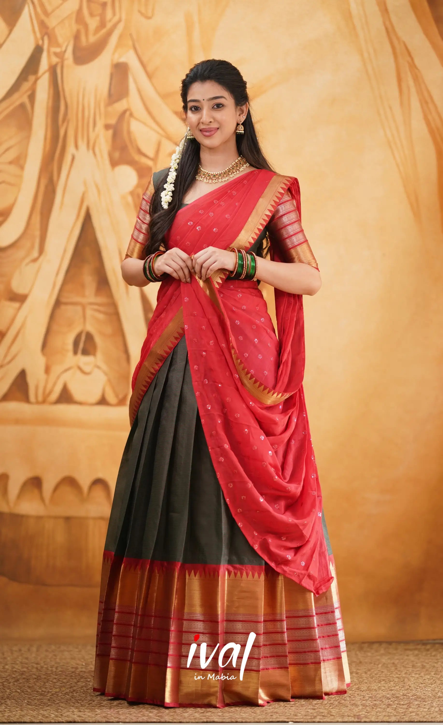 Izhaiyini - Shade Of Dark Manthalir Green And Red Tone Organza Halfsaree Half Sarees