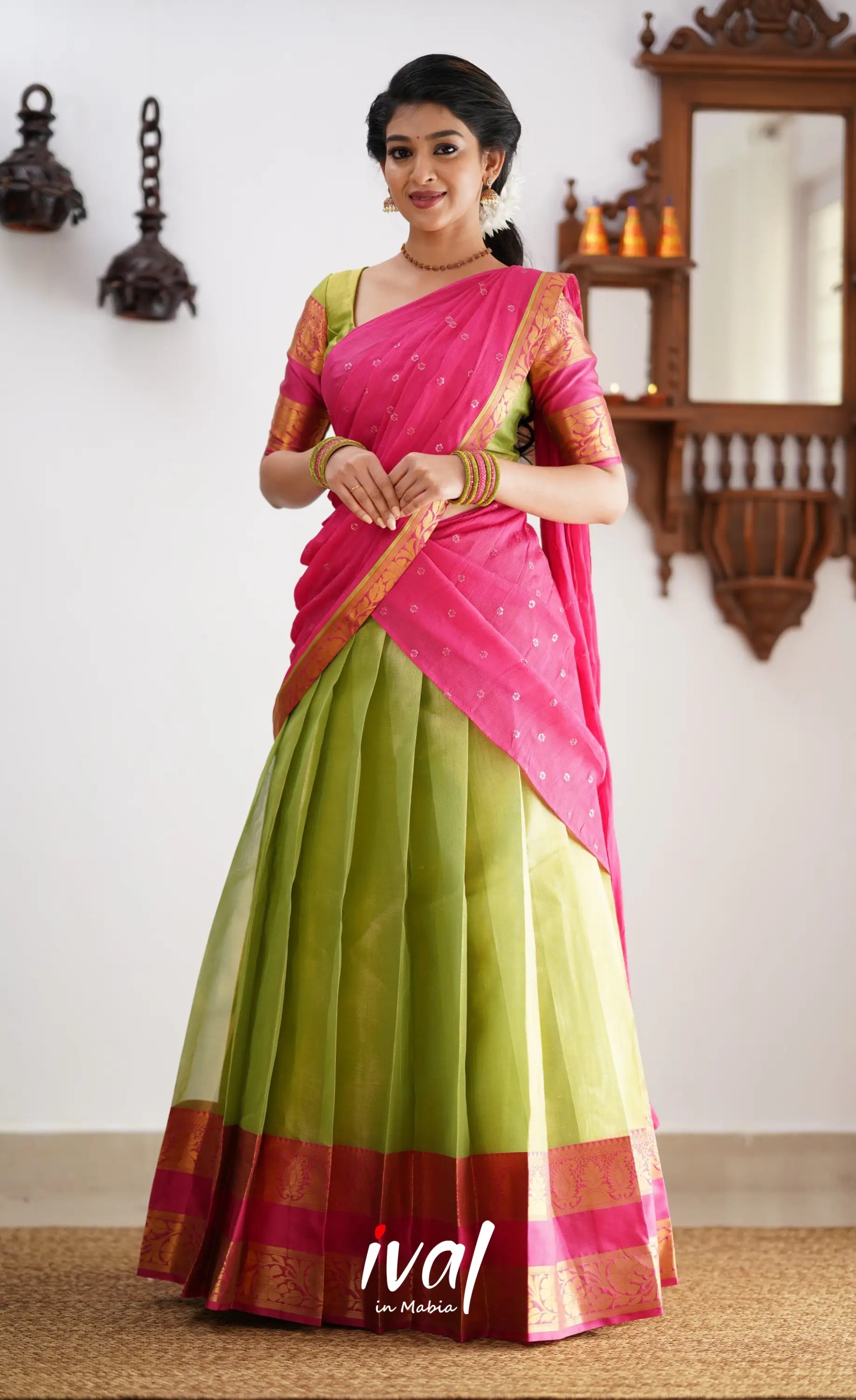 Izhaiyini - Shade Of Green And Hot Pink Tone Organza Halfsaree Half Sarees