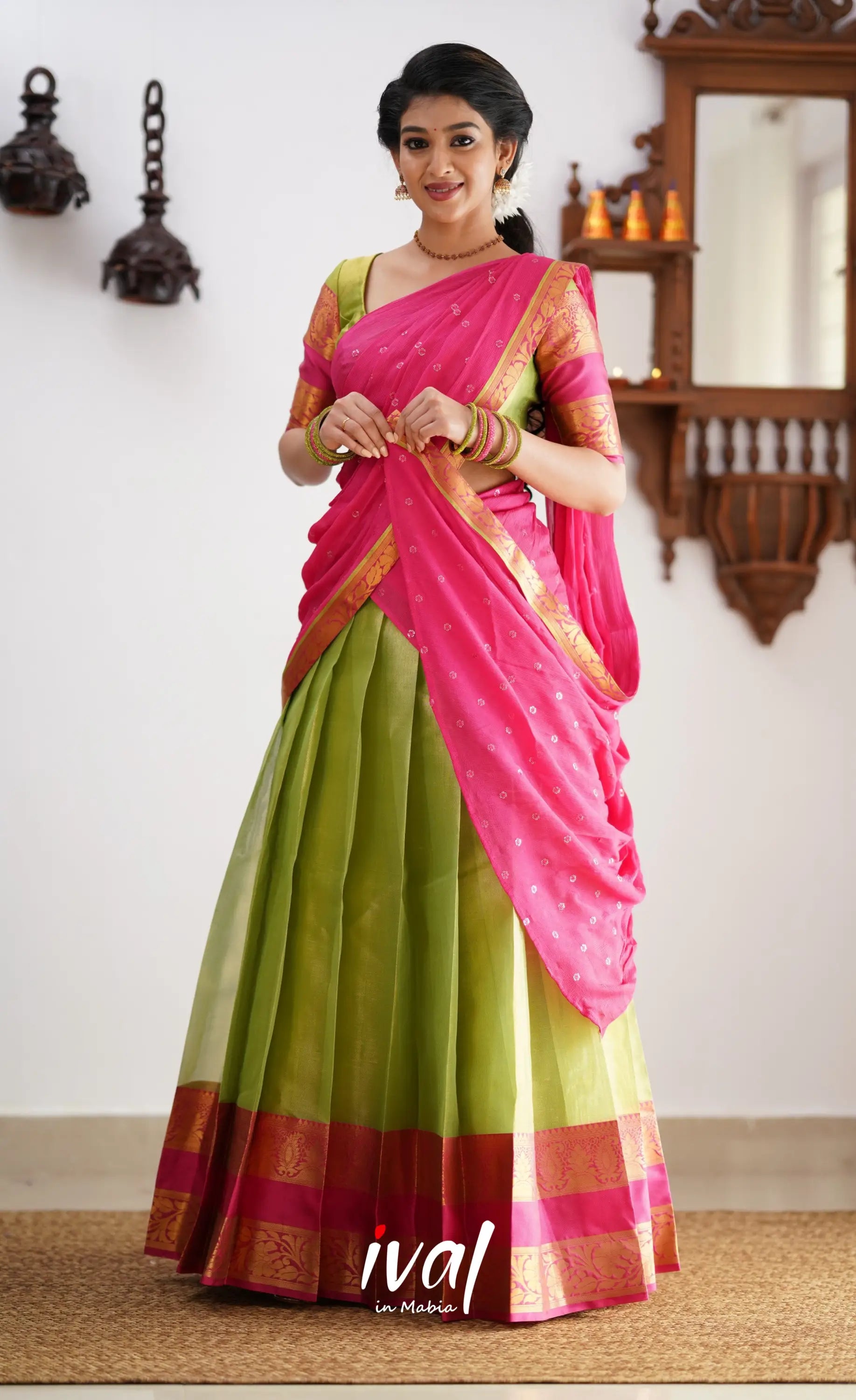 Izhaiyini - Shade Of Green And Hot Pink Tone Organza Halfsaree Half Sarees