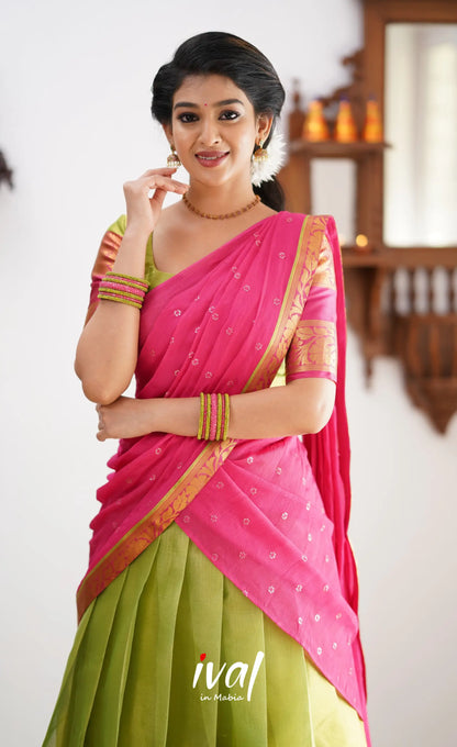 Izhaiyini - Shade Of Green And Hot Pink Tone Organza Halfsaree Half Sarees