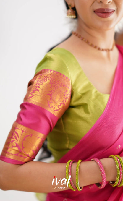 Izhaiyini - Shade Of Green And Hot Pink Tone Organza Halfsaree Half Sarees