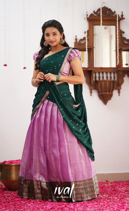 Izhaiyini Shade Of Light Lavender And Dark Green Tone Organza Halfsaree Half Sarees