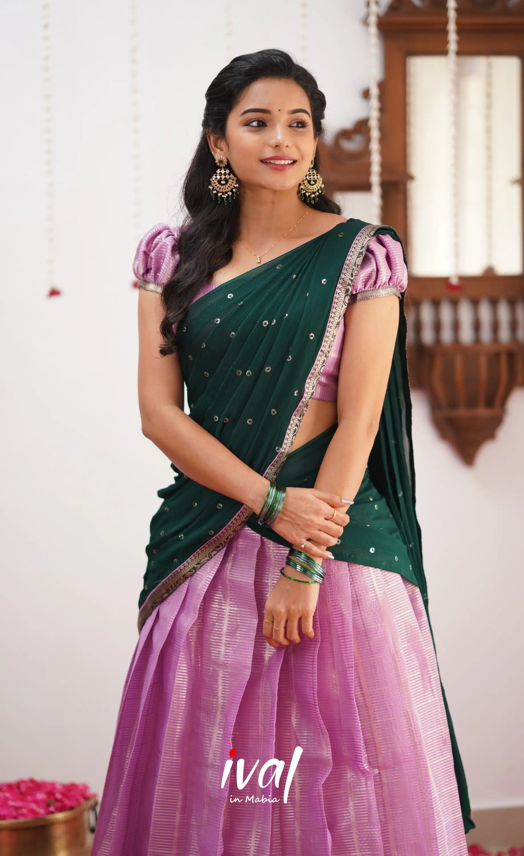 Izhaiyini Shade Of Light Lavender And Dark Green Tone Organza Halfsaree Half Sarees