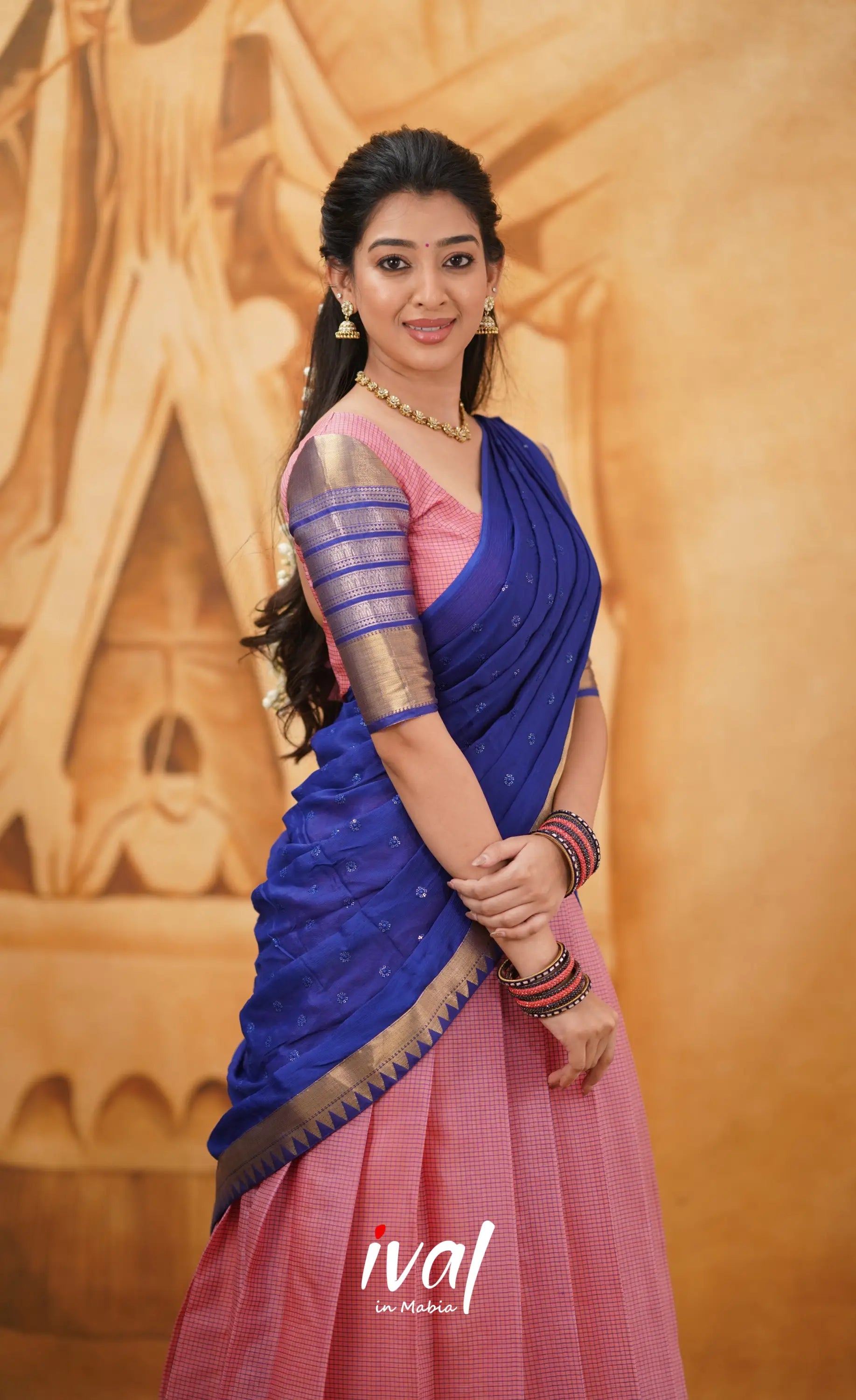 Izhaiyini - Shade Of Light Pink And Royal Blue Tone Organza Halfsaree Half Sarees