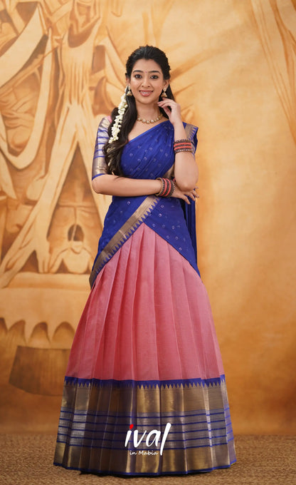 Izhaiyini - Shade Of Light Pink And Royal Blue Tone Organza Halfsaree Half Sarees