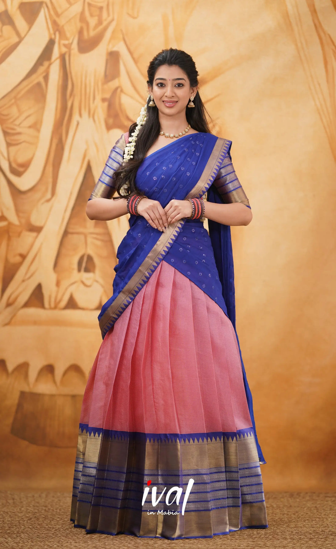 Izhaiyini - Shade Of Light Pink And Royal Blue Tone Organza Halfsaree Half Sarees