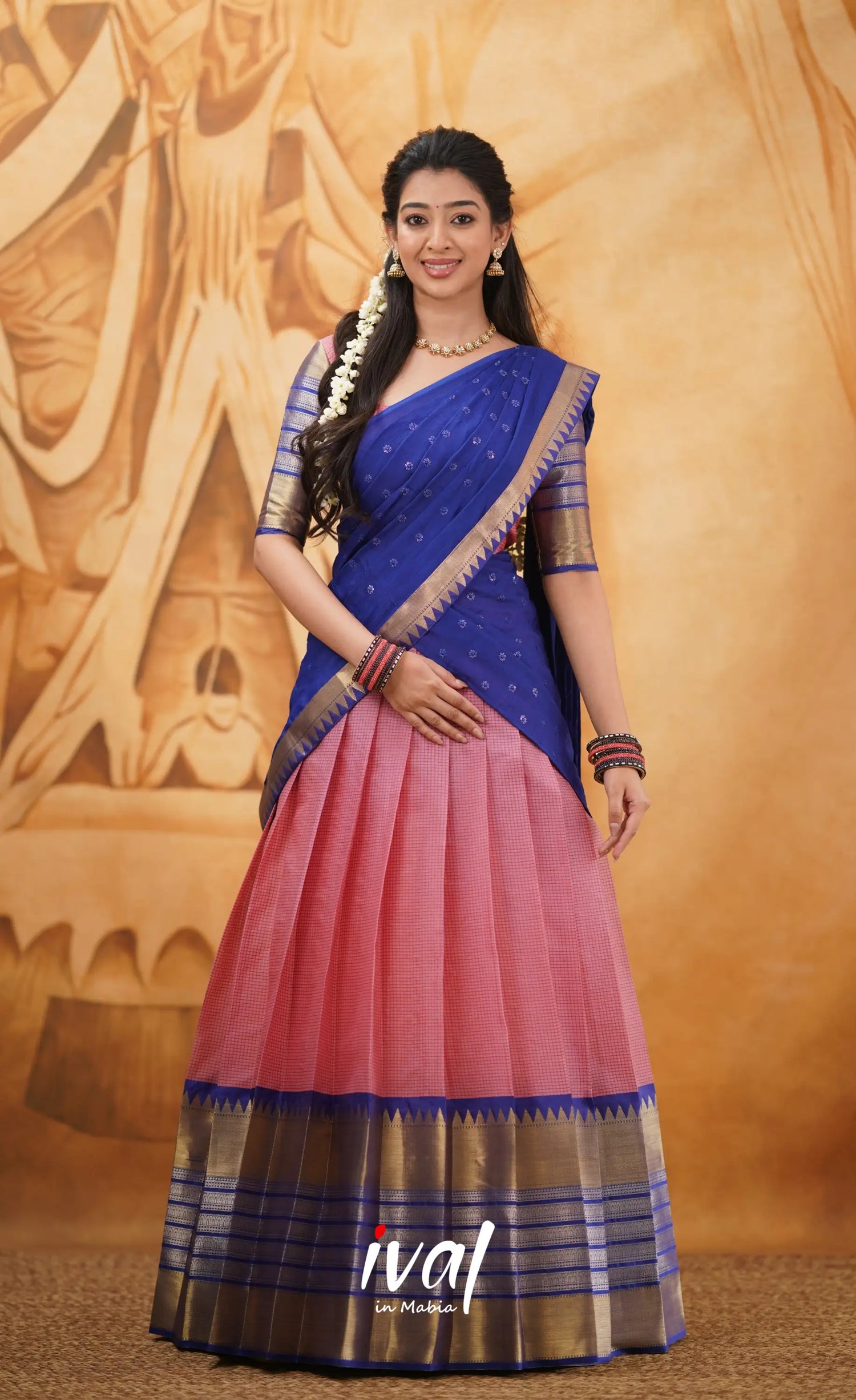 Izhaiyini - Shade Of Light Pink And Royal Blue Tone Organza Halfsaree Half Sarees