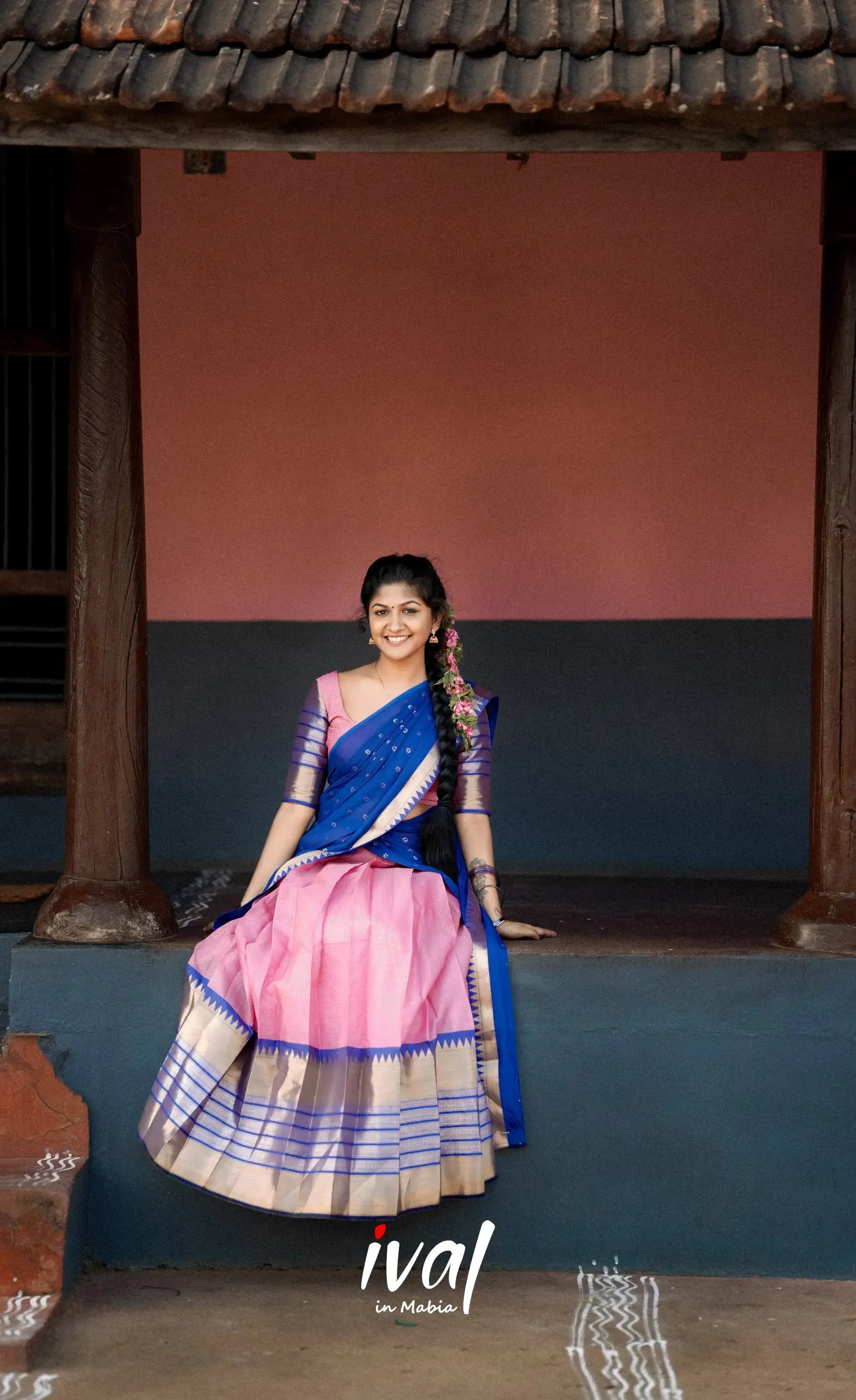 Izhaiyini - Shade Of Light Pink And Royal Blue Tone Organza Halfsaree Half Sarees