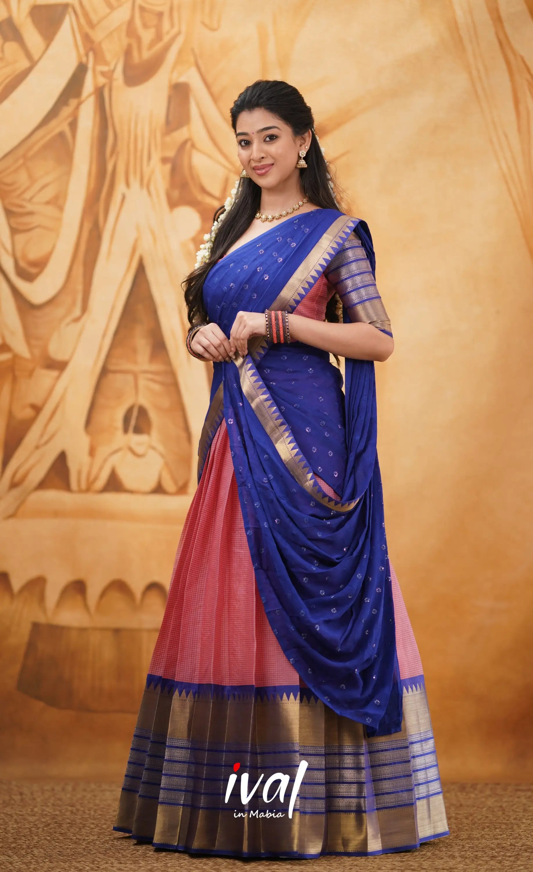 Izhaiyini - Shade Of Light Pink And Royal Blue Tone Organza Halfsaree Half Sarees