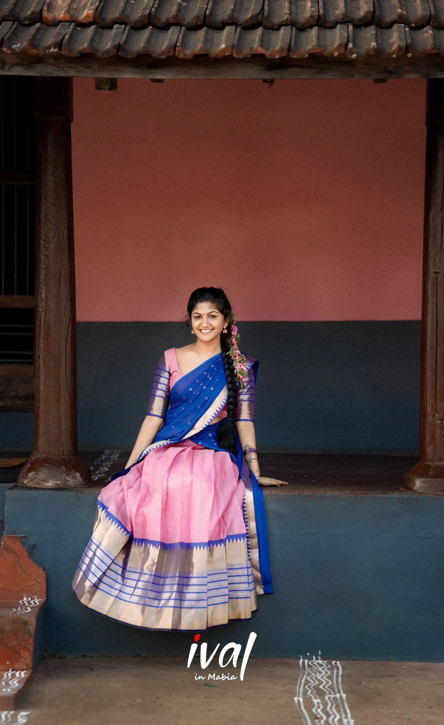 Izhaiyini - Shade Of Light Pink And Royal Blue Tone Organza Halfsaree Half Sarees