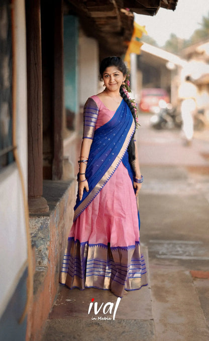 Izhaiyini - Shade Of Light Pink And Royal Blue Tone Organza Halfsaree Half Sarees