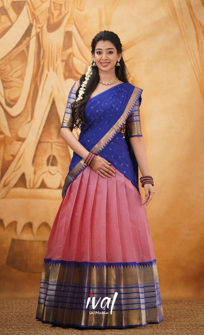 Izhaiyini - Shade Of Light Pink And Royal Blue Tone Organza Halfsaree Half Sarees