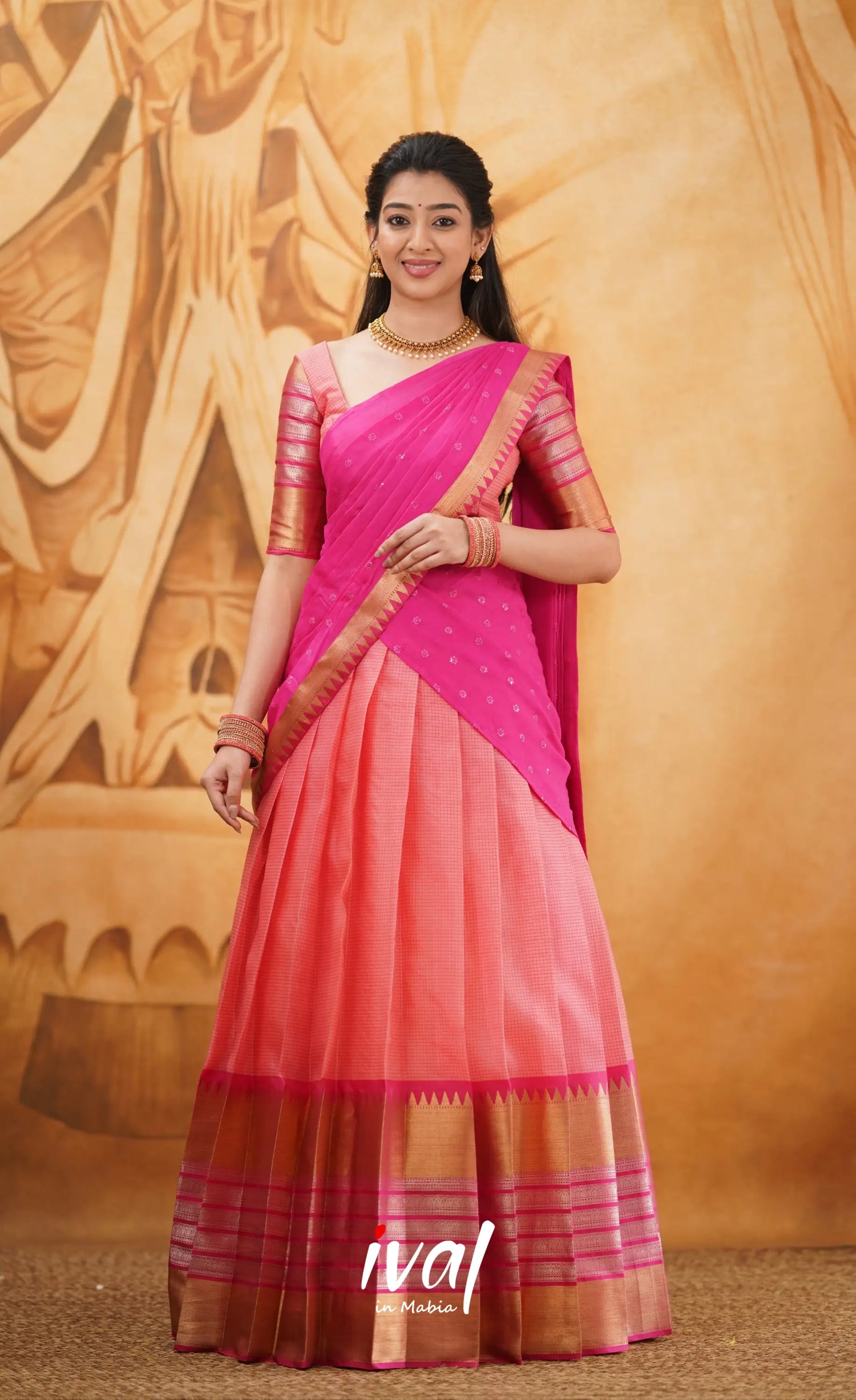 Izhaiyini - Shade Of Peach And Dark Pink Tone Organza Halfsaree Half Sarees