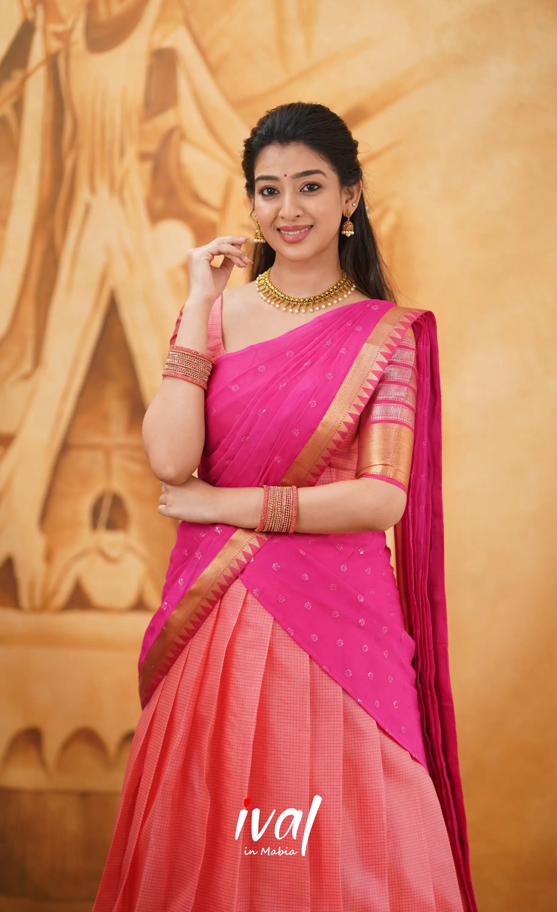 Izhaiyini - Shade Of Peach And Dark Pink Tone Organza Halfsaree Half Sarees