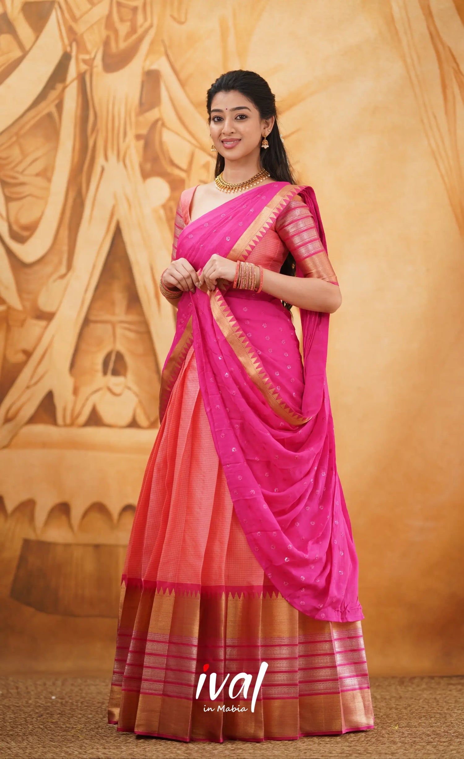 Izhaiyini - Shade Of Peach And Dark Pink Tone Organza Halfsaree Half Sarees