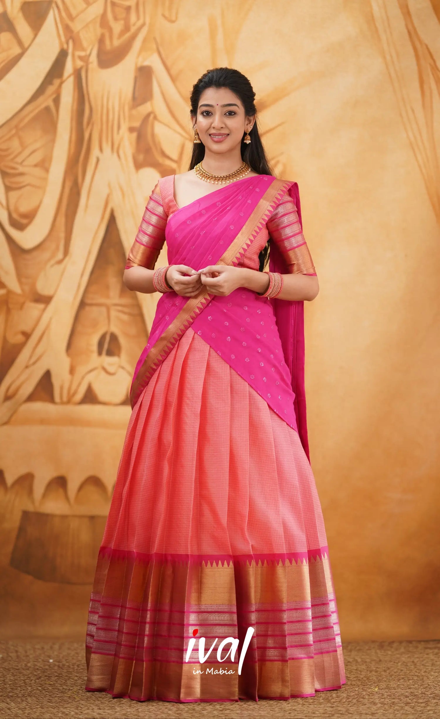 Izhaiyini - Shade Of Peach And Dark Pink Tone Organza Halfsaree Half Sarees