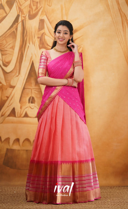 Izhaiyini - Shade Of Peach And Dark Pink Tone Organza Halfsaree Half Sarees